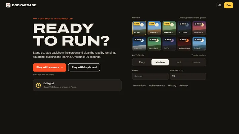 The BodyArcade start screen: Play with camera, Play with keyboard, the ten world tiles and the difficulty switch.