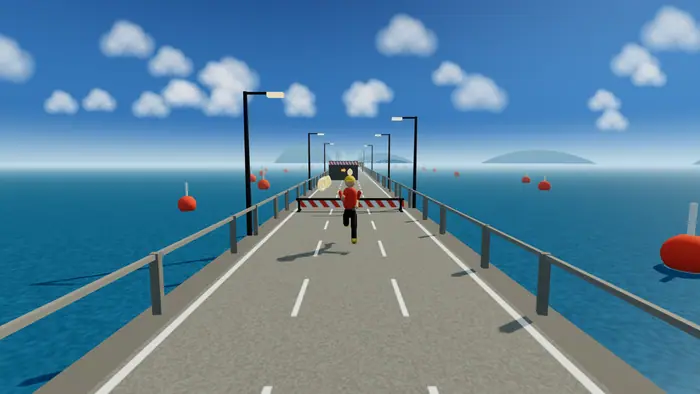 Coast world: a causeway with railings over calm blue water.