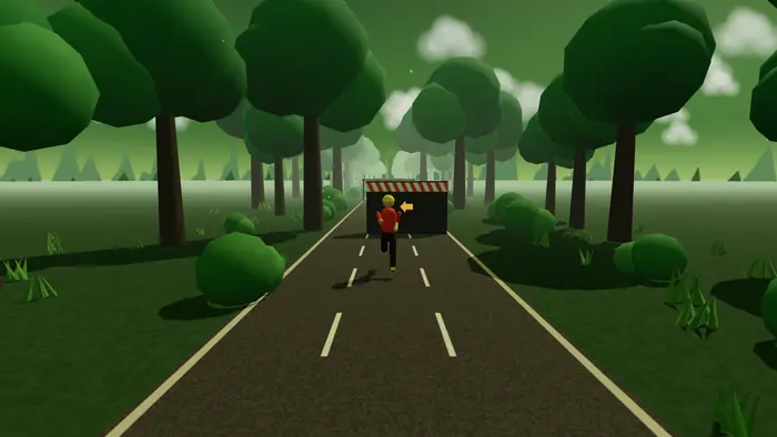Forest world: tall round-canopied trees and bushes in green light.