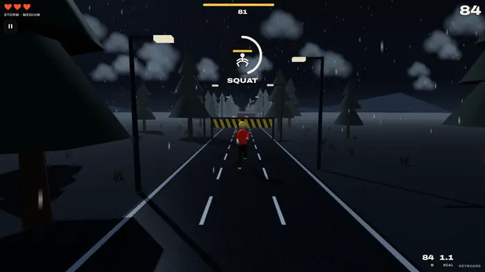 Storm world: rain over a dark road lined with lamps and pines.