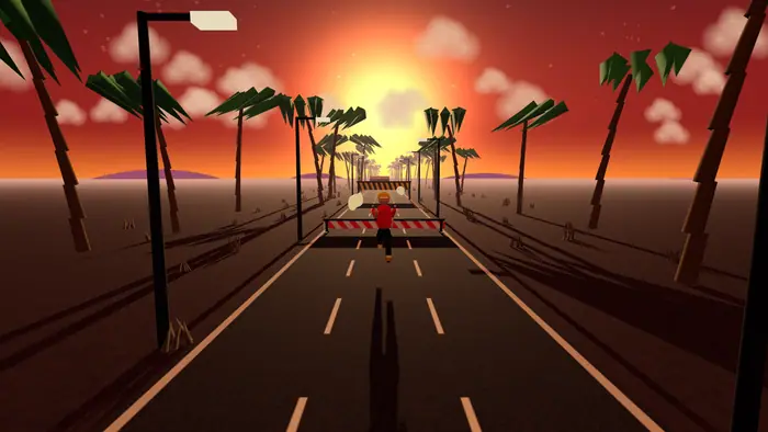 Sunset world: palms and street lamps in silhouette against a red and gold sky.